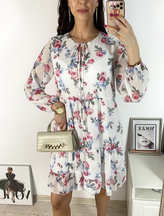 Rochie eleganta scurta alba cu volanase, maneci lungi si flori mici