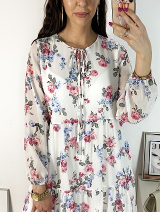 Rochie eleganta scurta alba cu volanase, maneci lungi si flori mici