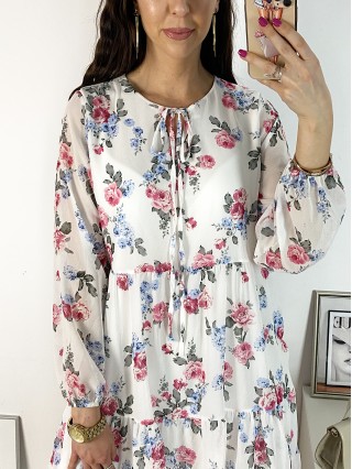 Rochie eleganta scurta alba cu volanase, maneci lungi si flori mici