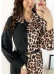 Rochie de zi ieftina maro stil camasa cu imprimeu leopard pe jumatate
