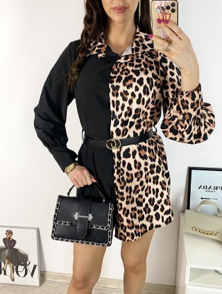 Rochie de zi ieftina maro stil camasa cu imprimeu leopard pe jumatate