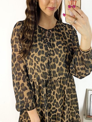 Rochie de zi casual neagra cu imprimeu animal print si snur la gat