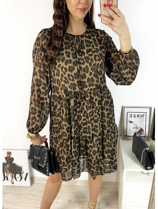 Rochie de zi casual neagra cu imprimeu animal print si snur la gat