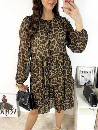 Rochie de zi casual neagra cu imprimeu animal print si snur la gat