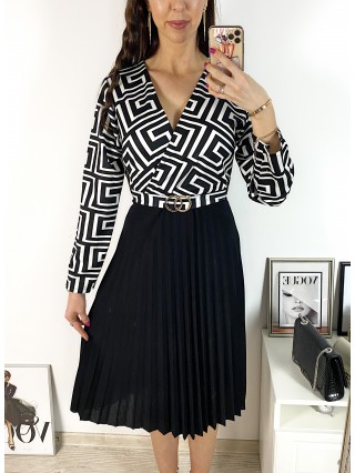 Rochie dama eleganta midi neagra cu pliuri si imprimeu zig zag Half