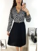 Rochie dama eleganta midi neagra cu pliuri si imprimeu zig zag Half