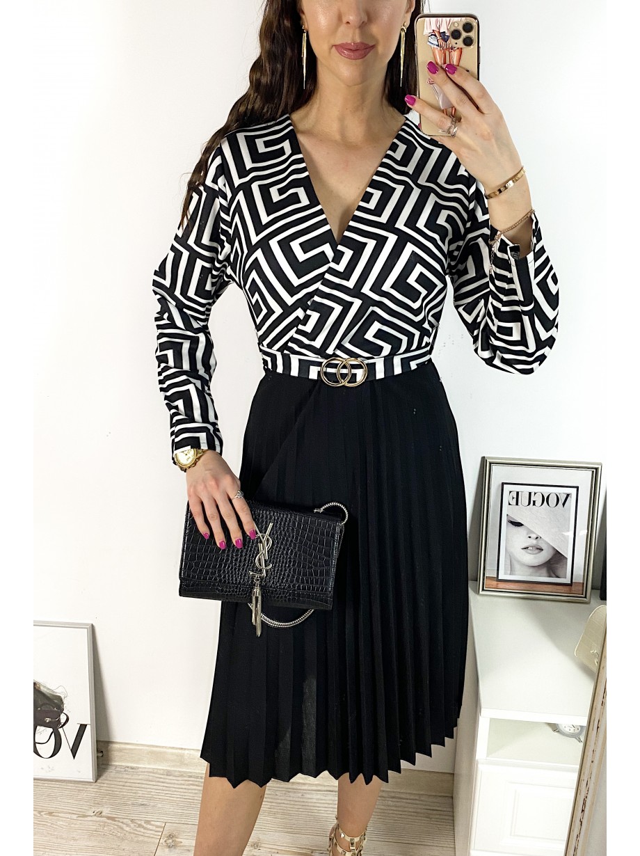 Rochie dama eleganta midi neagra cu pliuri si imprimeu zig zag Half