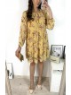 Rochie eleganta scurta galbena cu volanase, maneci lungi si flori mici