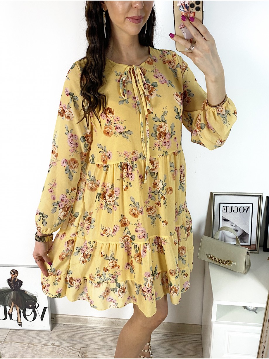 Rochie eleganta scurta galbena cu volanase, maneci lungi si flori mici