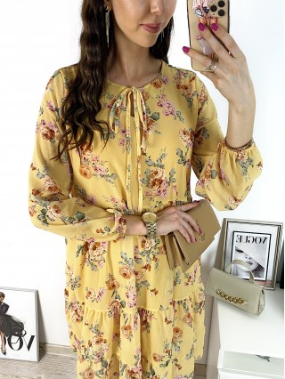 Rochie eleganta scurta galbena cu volanase, maneci lungi si flori mici
