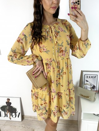 Rochie eleganta scurta galbena cu volanase, maneci lungi si flori mici