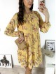 Rochie eleganta scurta galbena cu volanase, maneci lungi si flori mici