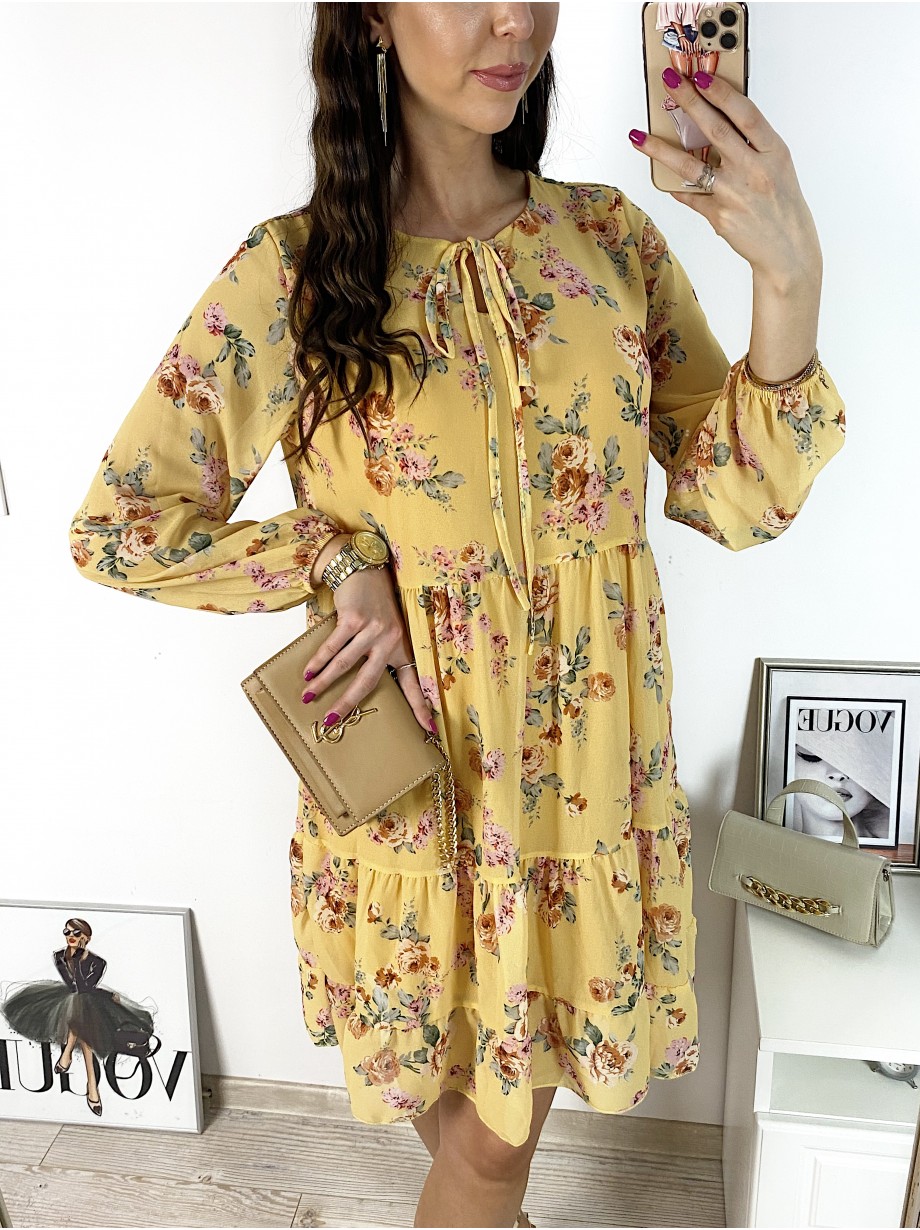 Rochie eleganta scurta galbena cu volanase, maneci lungi si flori mici