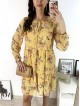 Rochie eleganta scurta galbena cu volanase, maneci lungi si flori mici