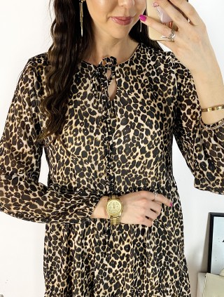 Rochie de zi casual maro cu imprimeu animal print si snur la gat