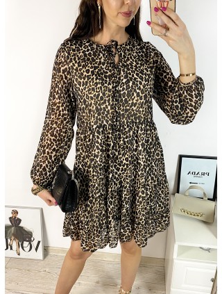 Rochie de zi casual maro cu imprimeu animal print si snur la gat