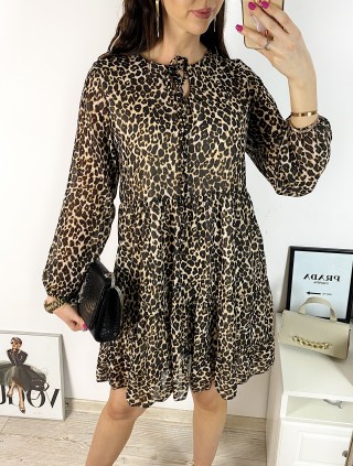 Rochie de zi casual maro cu imprimeu animal print si snur la gat