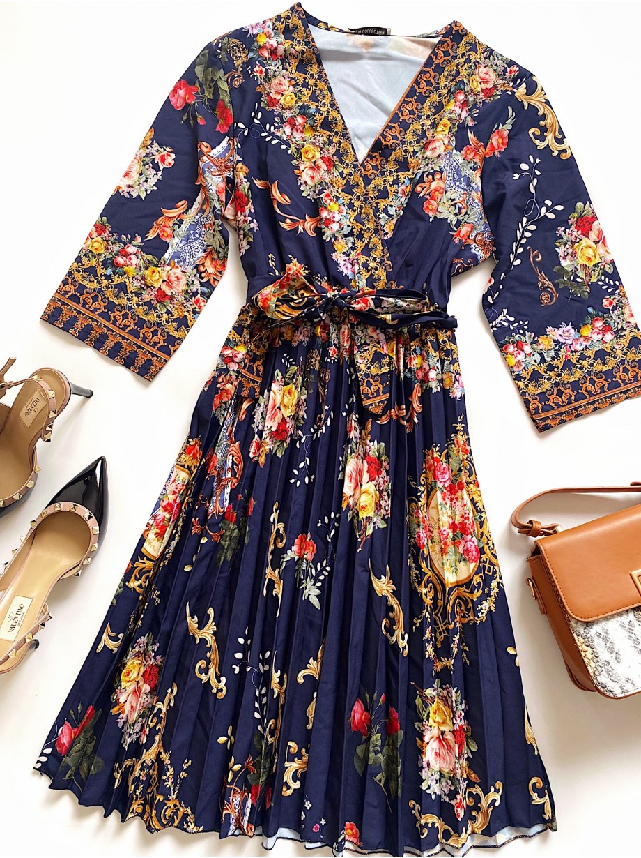 Rochie dama bleumarin de zi midi cu pliuri si imprimeu flori vintage
