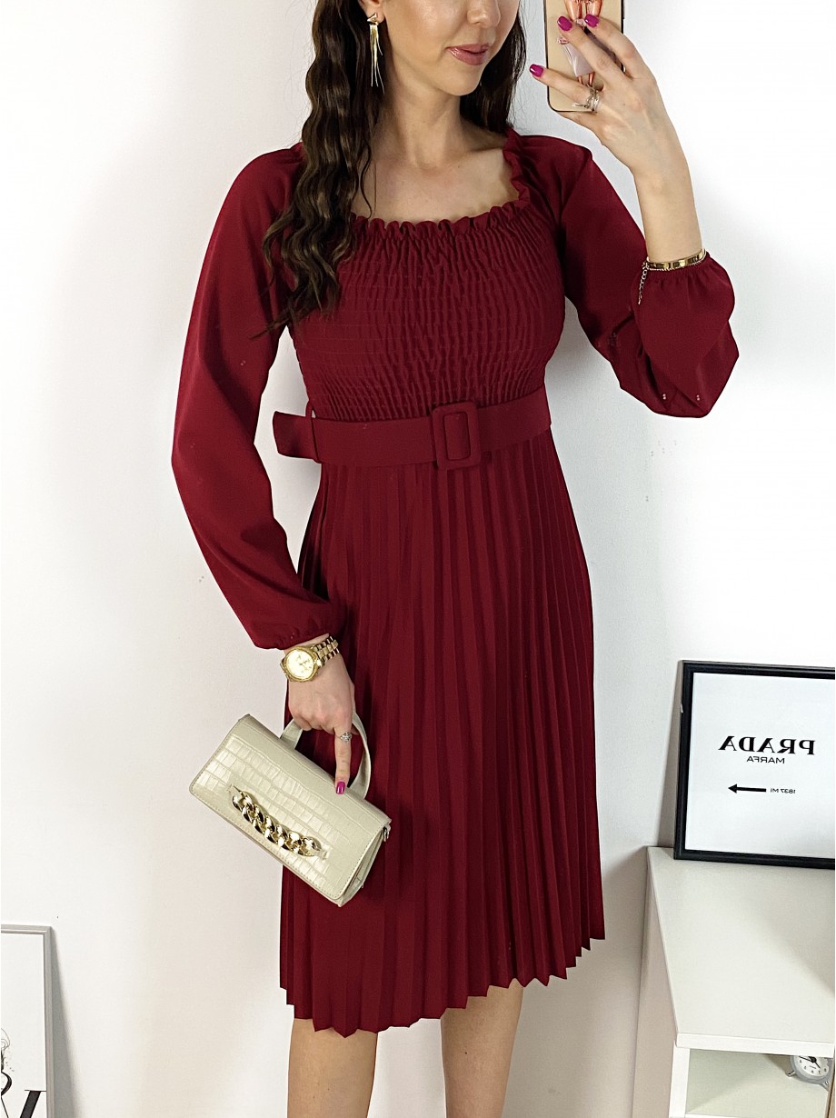 Rochie dama eleganta midi visinie cu pliuri si curea in talie