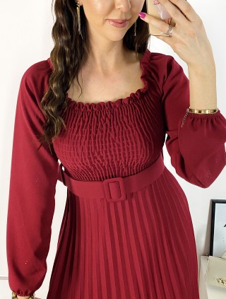 Rochie dama eleganta midi visinie cu pliuri si curea in talie