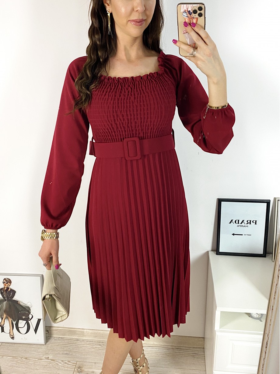 Rochie dama eleganta midi visinie cu pliuri si curea in talie