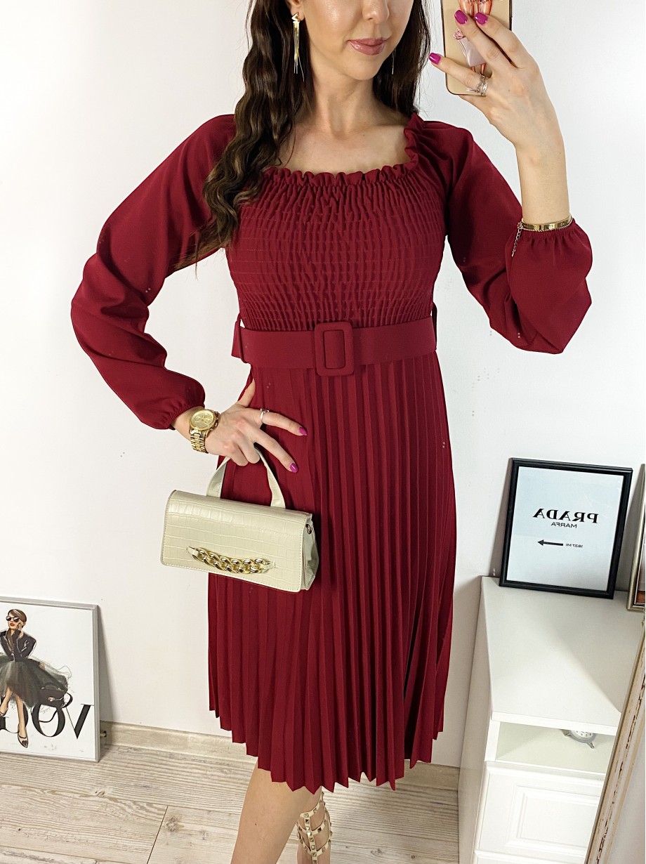 Rochie dama eleganta midi visinie cu pliuri si curea in talie
