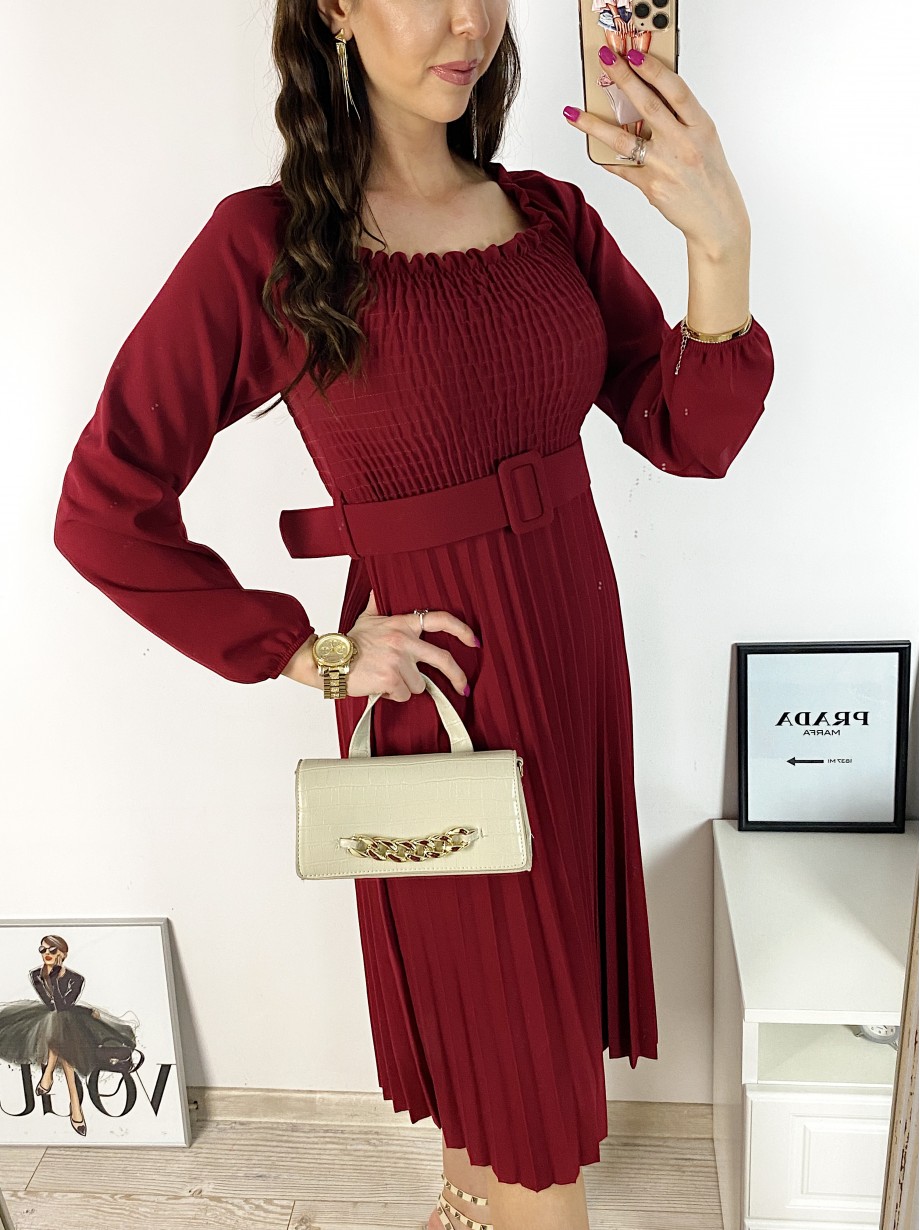 Rochie dama eleganta midi visinie cu pliuri si curea in talie