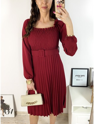 Rochie dama eleganta midi visinie cu pliuri si curea in talie