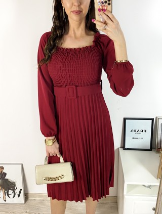 Rochie dama eleganta midi visinie cu pliuri si curea in talie