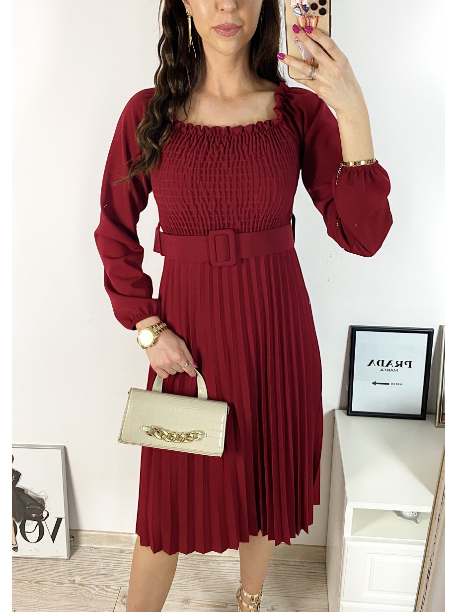 Rochie dama eleganta midi visinie cu pliuri si curea in talie