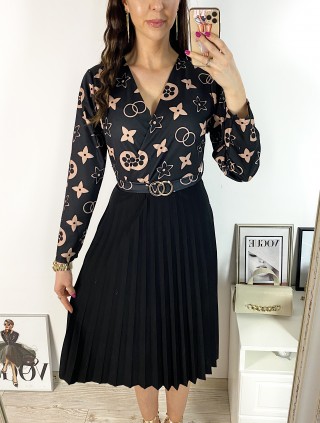 Rochie dama eleganta midi neagra cu pliuri si imprimeu stelute maro Half