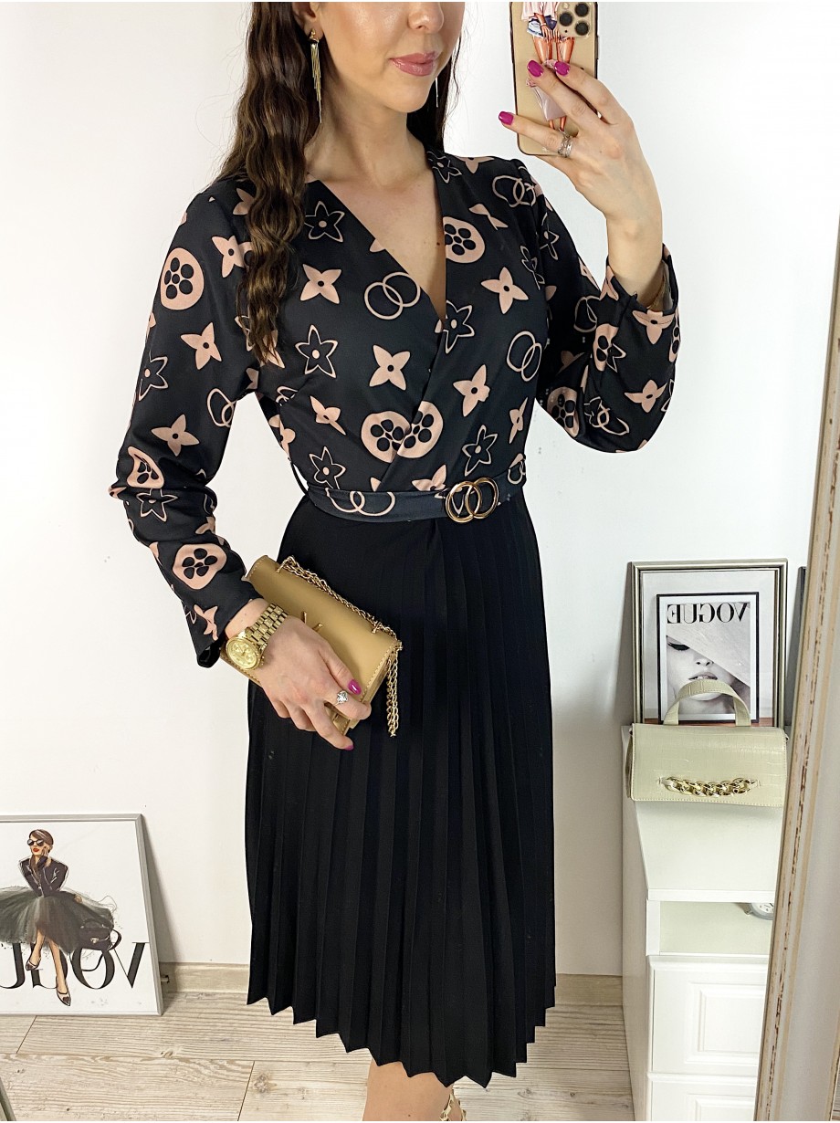 Rochie dama eleganta midi neagra cu pliuri si imprimeu stelute maro Half