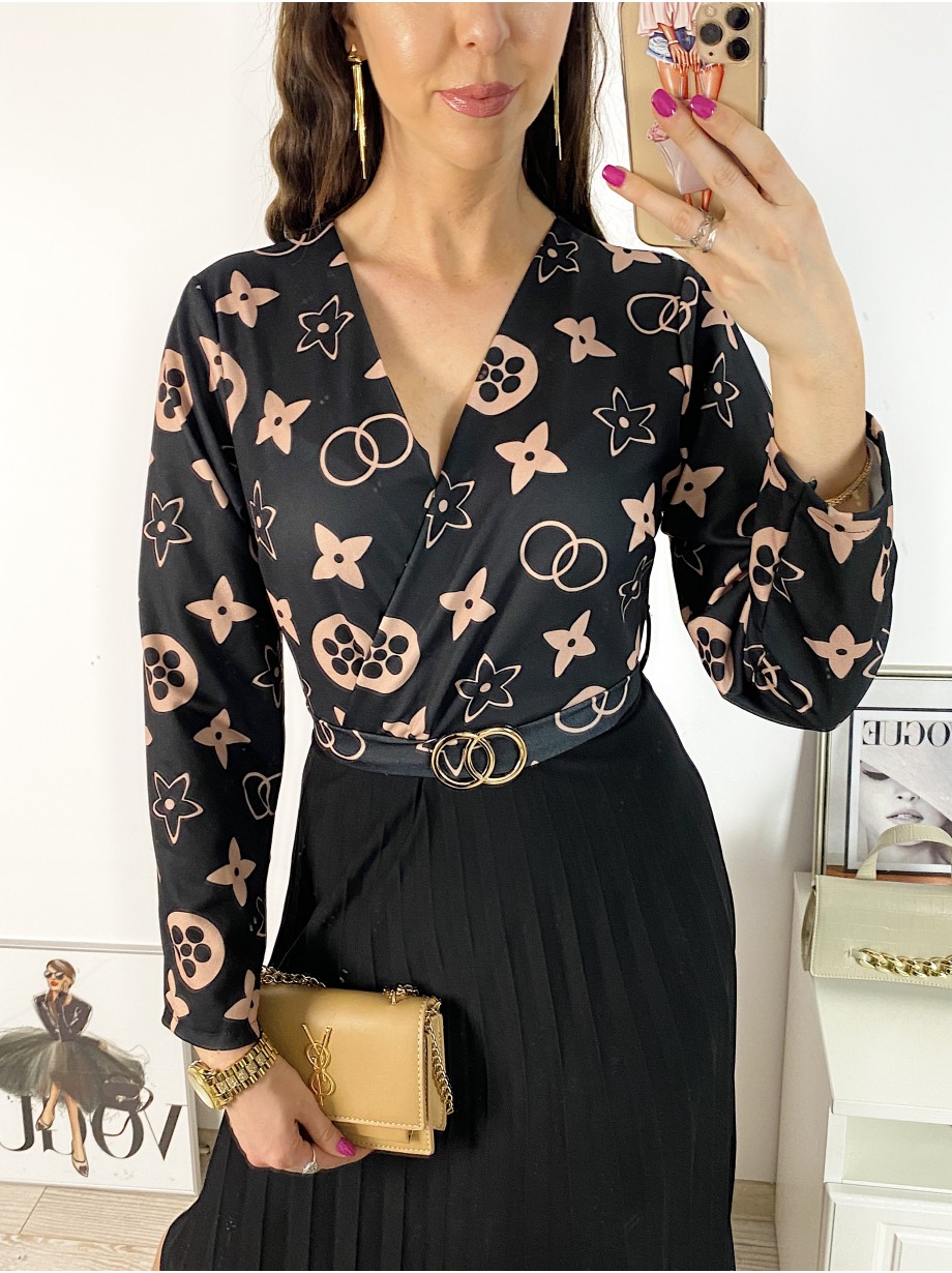 Rochie dama eleganta midi neagra cu pliuri si imprimeu stelute maro Half