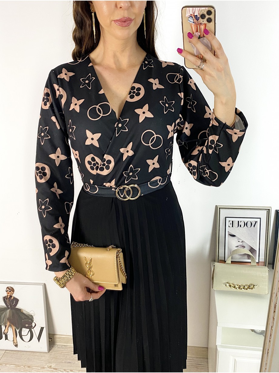 Rochie dama eleganta midi neagra cu pliuri si imprimeu stelute maro Half