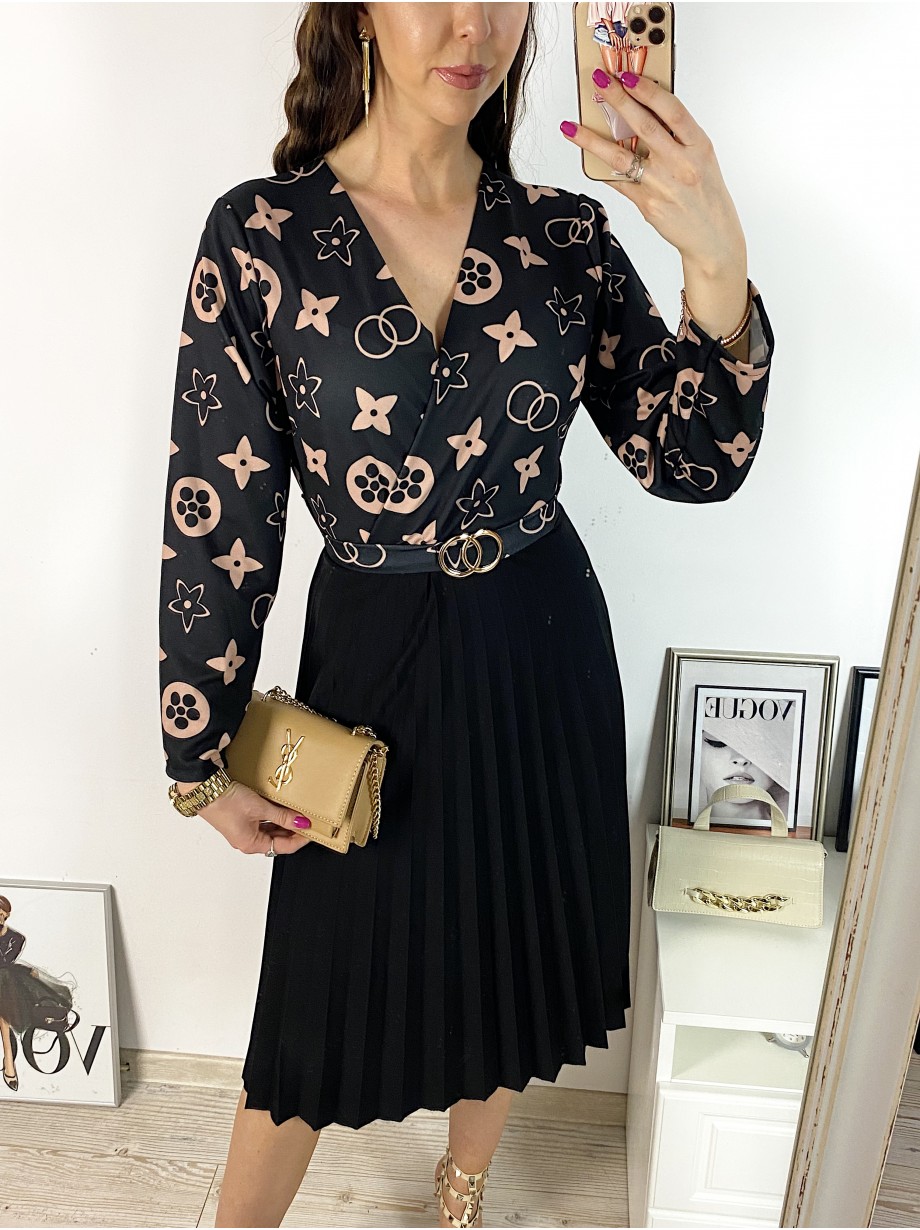 Rochie dama eleganta midi neagra cu pliuri si imprimeu stelute maro Half