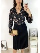 Rochie dama eleganta midi neagra cu pliuri si imprimeu stelute maro Half