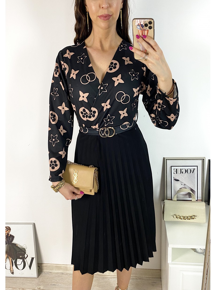 Rochie dama eleganta midi neagra cu pliuri si imprimeu stelute maro Half