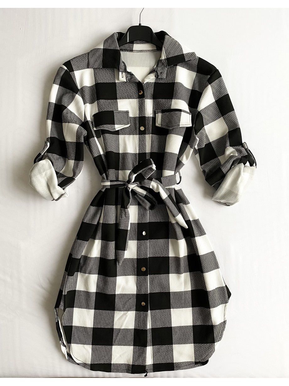 Rochie ieftina casual stil camasa lunga neagra cu carouri si cordon in talie