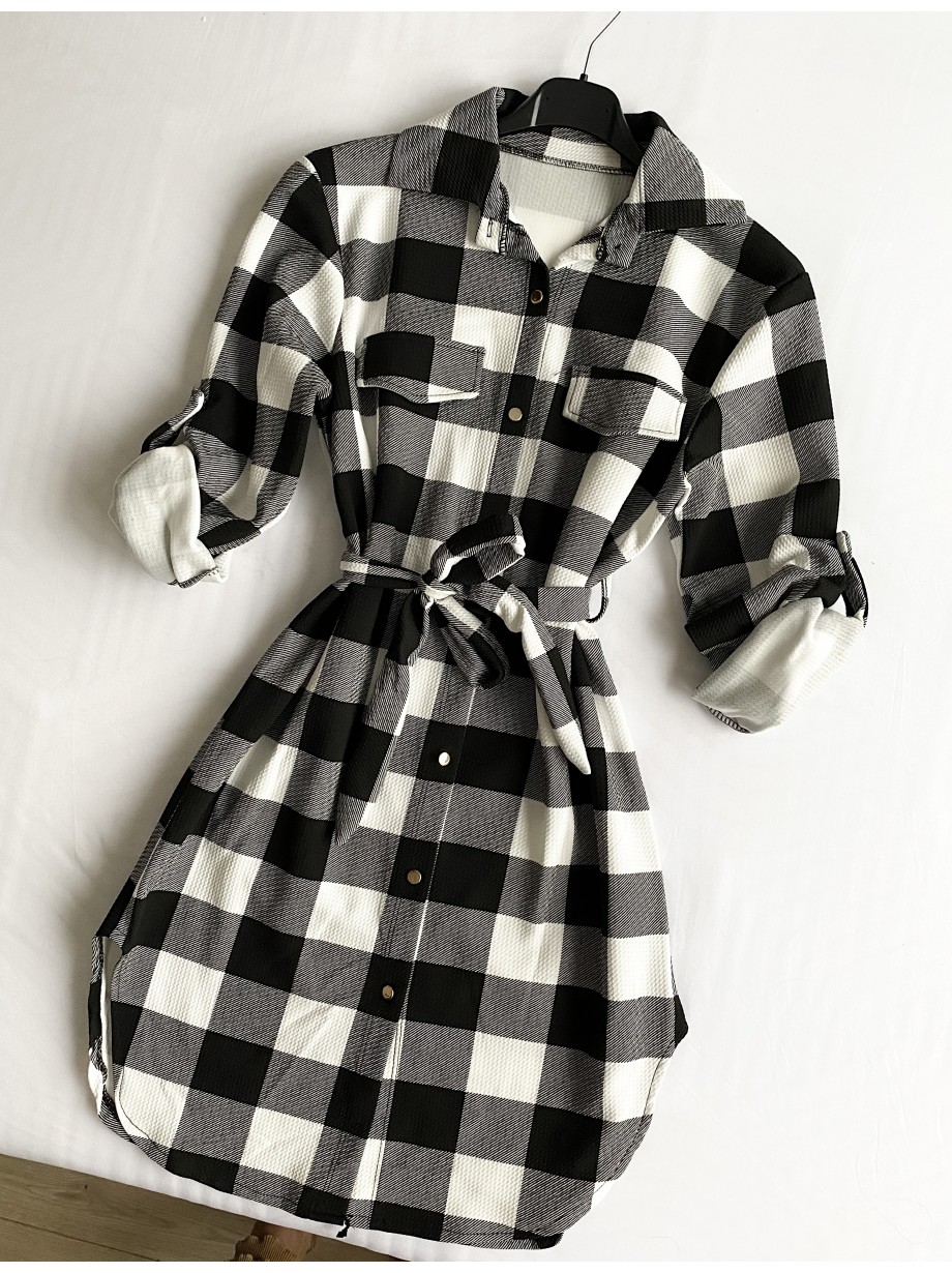 Rochie ieftina casual stil camasa lunga neagra cu carouri si cordon in talie