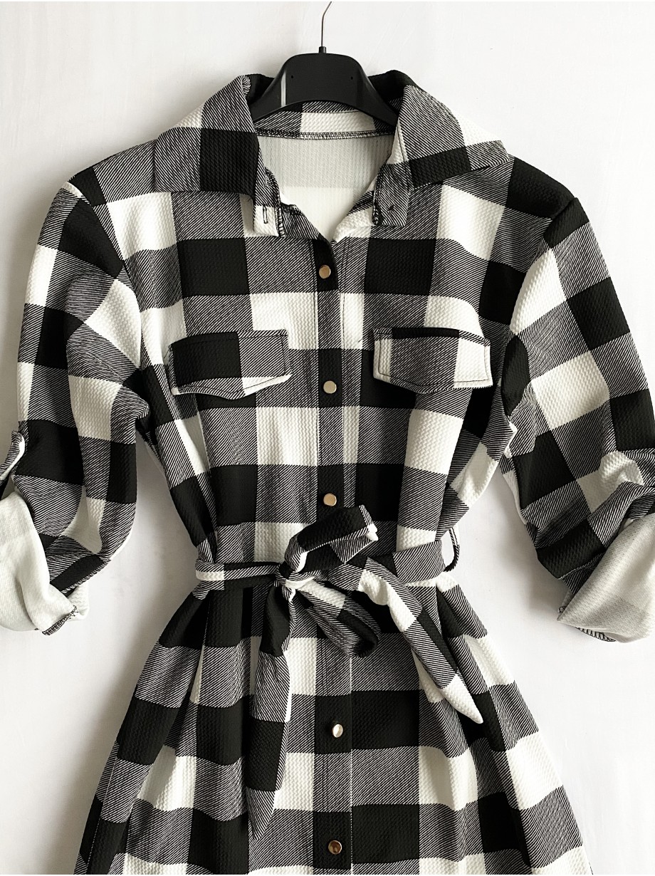 Rochie ieftina casual stil camasa lunga neagra cu carouri si cordon in talie