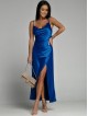 Rochie dama eleganta lunga albastra cu bretele subtiri si aspect de satin 