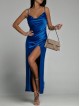 Rochie dama eleganta lunga albastra cu bretele subtiri si aspect de satin 