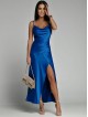 Rochie dama eleganta lunga albastra cu bretele subtiri si aspect de satin 