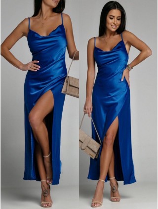 Rochie dama eleganta lunga albastra cu bretele subtiri si aspect de satin 