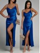 Rochie dama eleganta lunga albastra cu bretele subtiri si aspect de satin 