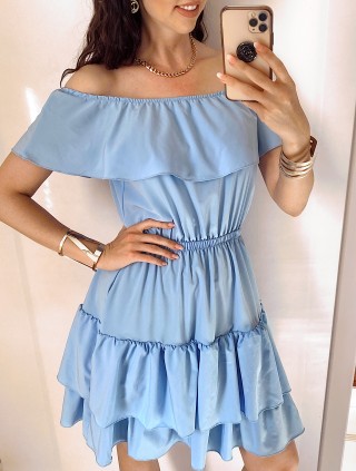 Rochie de zi scurta albastru deschis cu volanase pe umeri