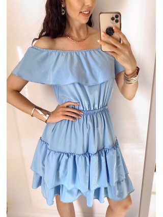 Rochie de zi scurta albastru deschis cu volanase pe umeri