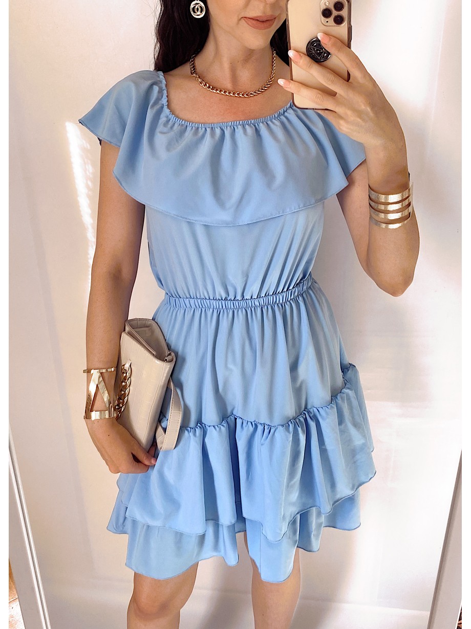 Rochie de zi scurta albastru deschis cu volanase pe umeri