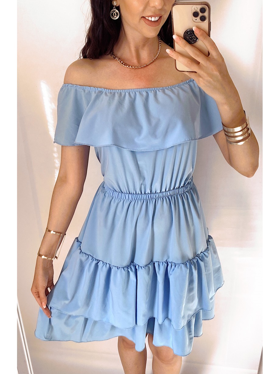 Rochie de zi scurta albastru deschis cu volanase pe umeri