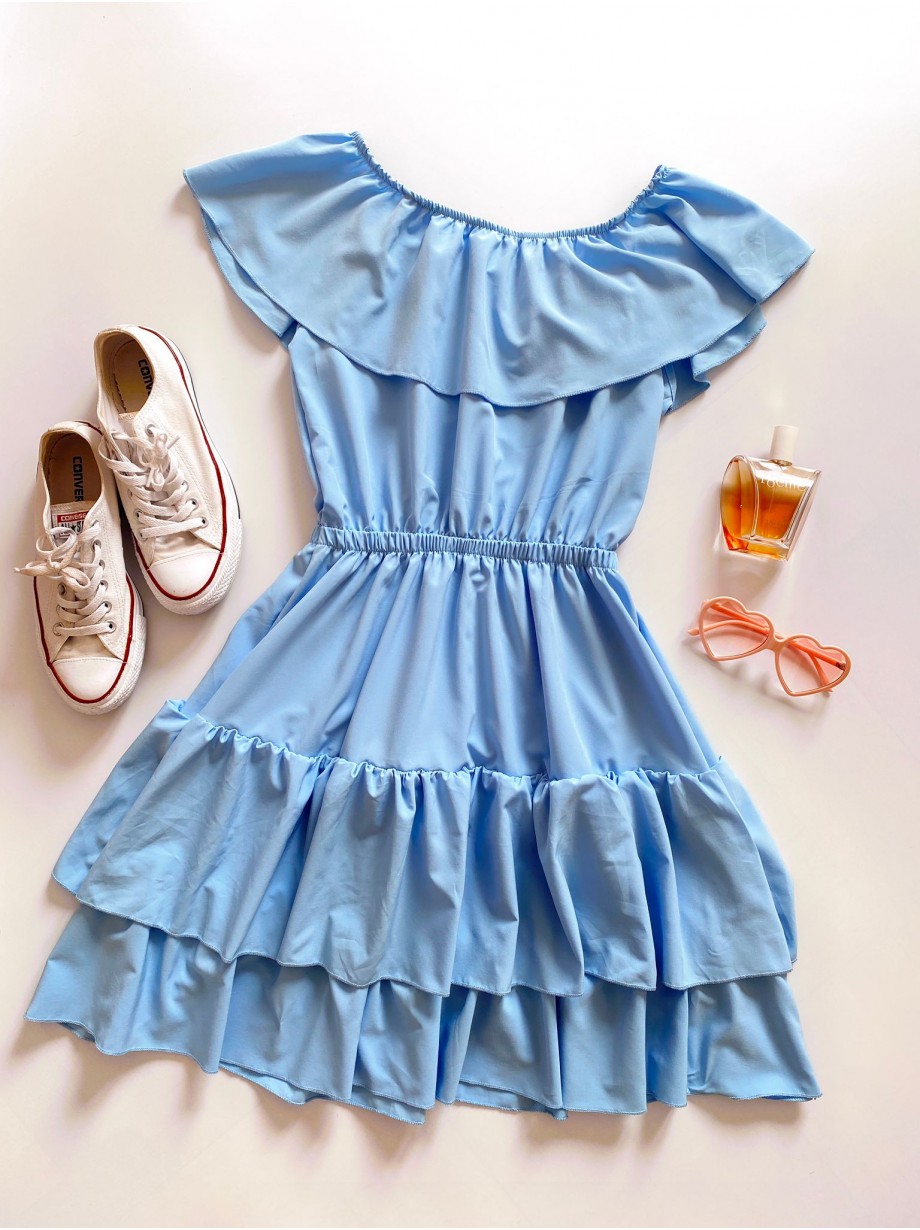 Rochie de zi scurta albastru deschis cu volanase pe umeri